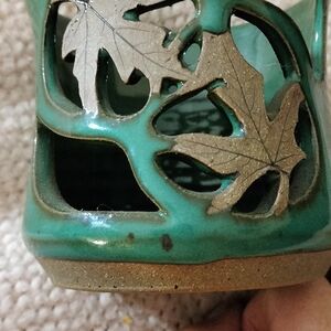 Turquoise Ceramic Leaf Cutout Candle Holder